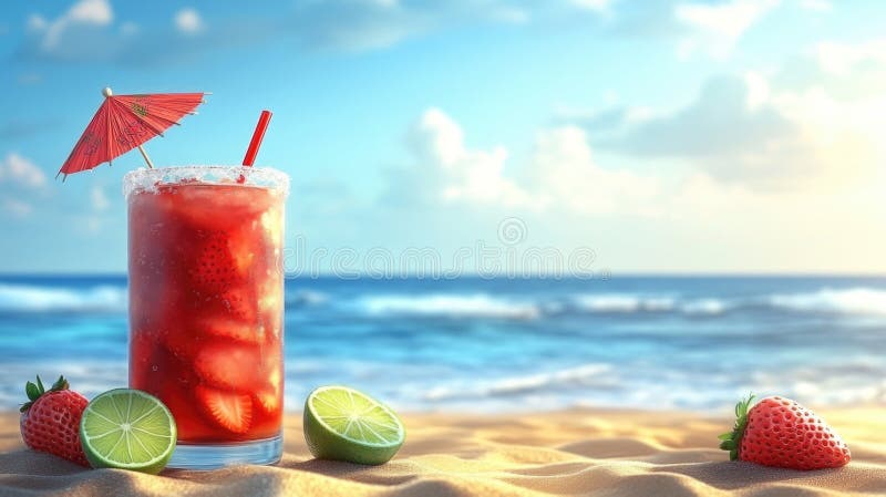 Cocteil de limeade de căpșuni reîmprospătat pe plajă însorită stock images