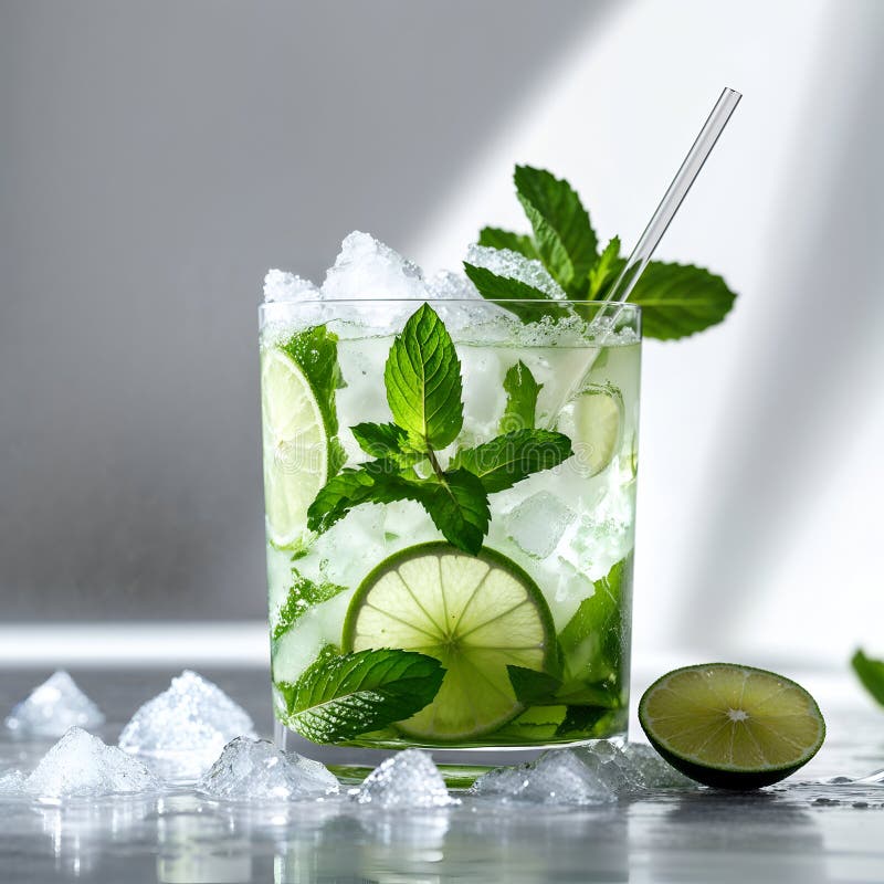 Cocteil mojito revigorant cu menta de var si cuburi de gheata pe suprafata alba vector illustration