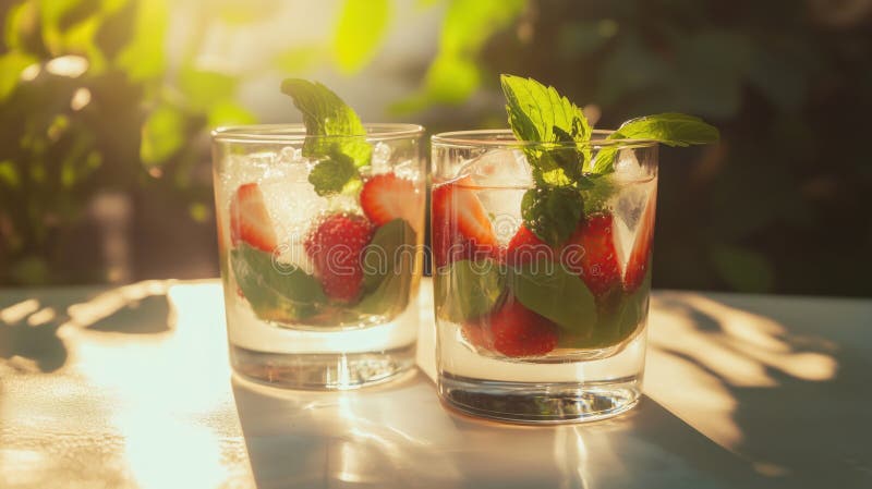 Cocteiluri de mentă de căpșuni, reîmprospătate, cu lumină solară de gheață și cu verde stock photos
