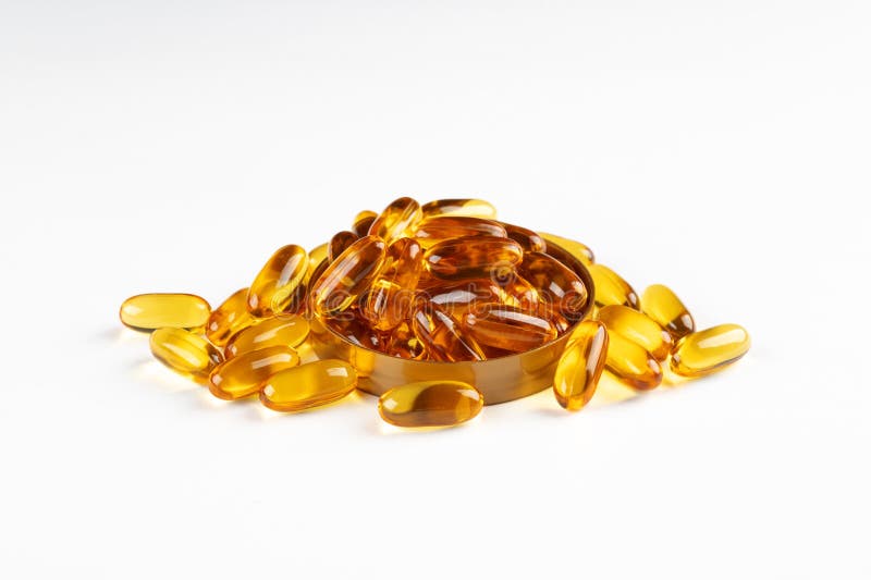 Cod Liver Oil Omega 3 Gel Capsules Isolated on White Background Stock