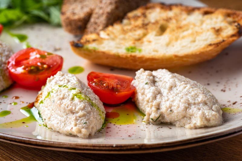 Cod Liver Pate with Brown Bread on Plate. Homemade Spread Made from Cod
