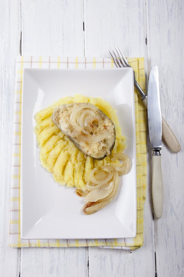 Cod with Mashed Potatoes in a White Plate Stock Image Image of