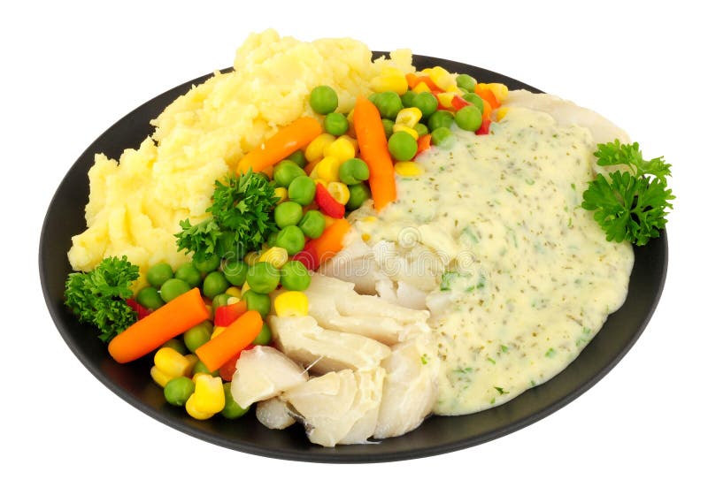 Cod with Parsley Sauce and Mashed Potato Meal Stock Image Image of
