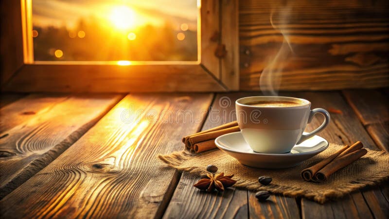 Coda di caffè aromatica al mattino con vapore su una superficie di legno rustico con cannella e anice stellato luce del sole ore d illustrazione di stock