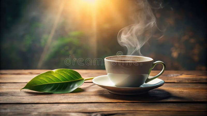 Coda di caffé al vapore aromatico con una bobina di legno rustico con foglie di verde lussuoso alla luce del sole caldo. illustrazione di stock