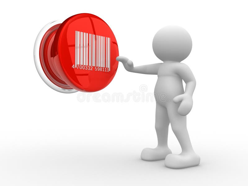 Personnes 3D - personnage humain, personne avec un bouton et un code-barres. Rendu 3D