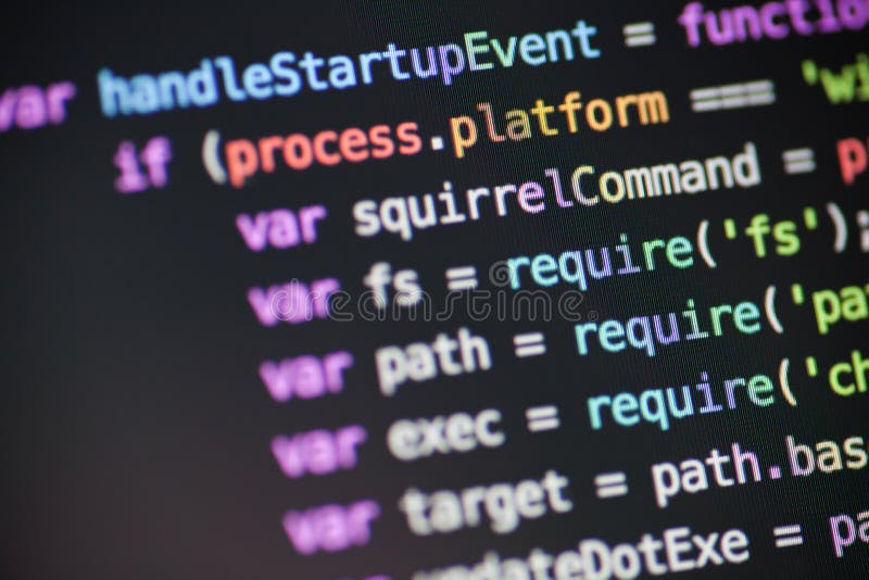 Code des Javascript-Knotens JS. Computercode auf einer Anzeige