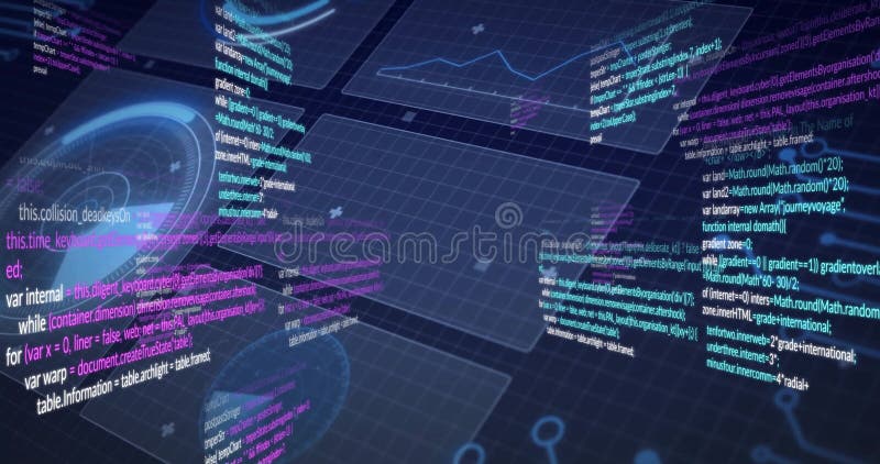 Code Snippets and Data Charts Animation Over Digital Grid Background ...