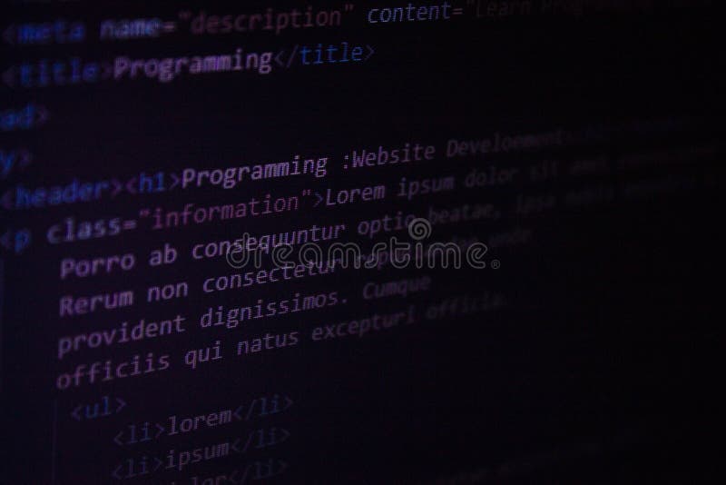 HTML代码。编码。编程。开发网页。前端开发。HTML编码。HTML编程 库存照片