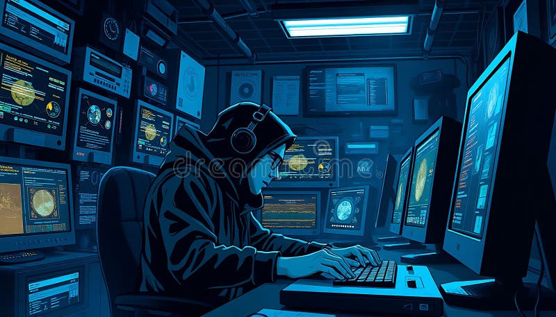 Coder op meerdere monitoren, met software-ontwikkeling en technische werkruimte Stockfoto Generative AI royalty-vrije illustratie