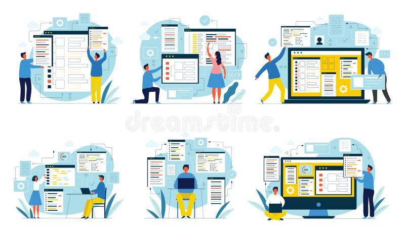 Codeurs. ontwerpers en programmeurs digitale ontwikkelaars java script engineers networking coders recente vectorvlakke stock illustratie