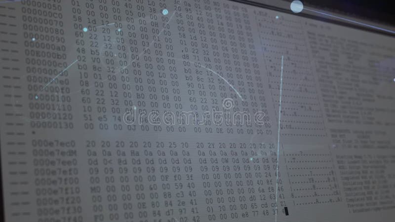 Codice esadecimale visualizzato sullo schermo con animazione sovrapposta alla rete digitale illustrazione vettoriale