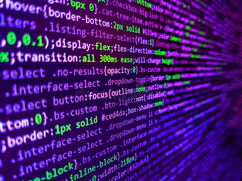Codice su sfondo scuro. codice css3 su uno sfondo colorato. programmazione di un concetto di algoritmo astratto del flusso di lavo immagine stock libera da diritti