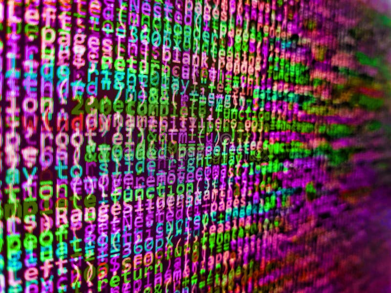 Codice su sfondo scuro. codice sorgente programmazione computer. schermata astratta del codice di programmazione dello sviluppator immagini stock