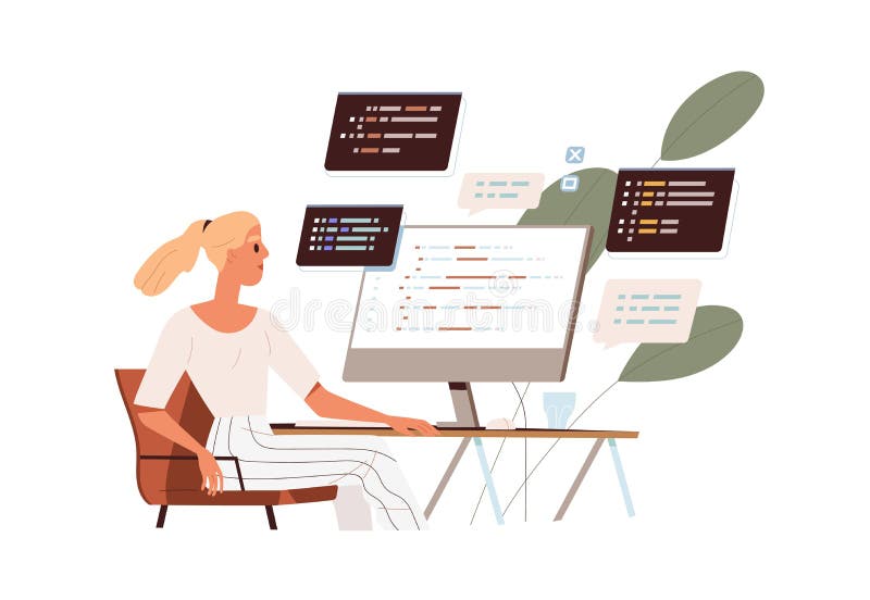 Codificatore sullo schermo del computer con codice di programma astratto. lo sviluppatore software utilizza script. donna programm illustrazione di stock