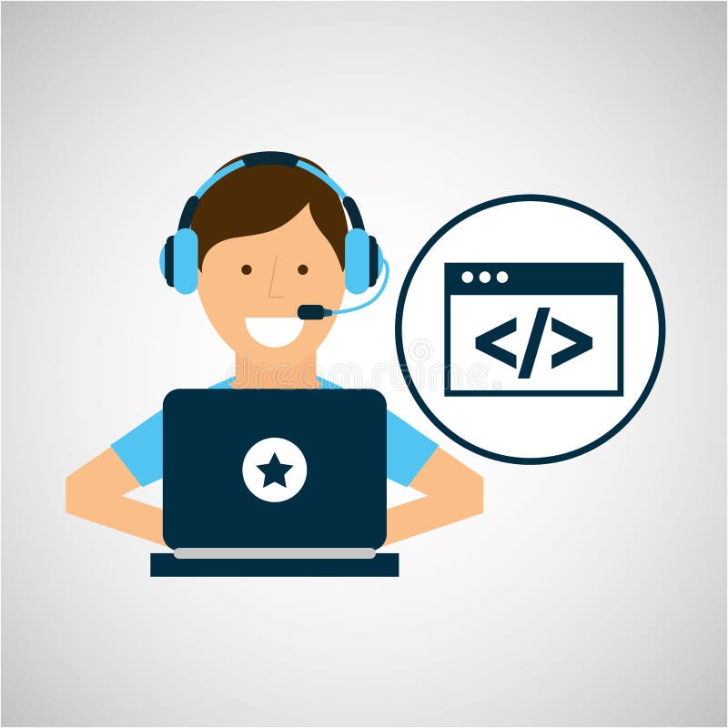 Auscultadores de personagem, portátil, programação ilustração do vetor