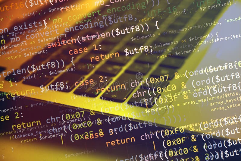 Collage with computer (notebook) keyboard and program code. Source code script stock images, royalty-free photos and pictures