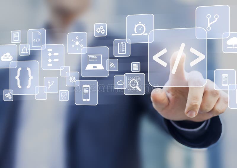 Coding concept with software developer touching code symbol and icons stock images
