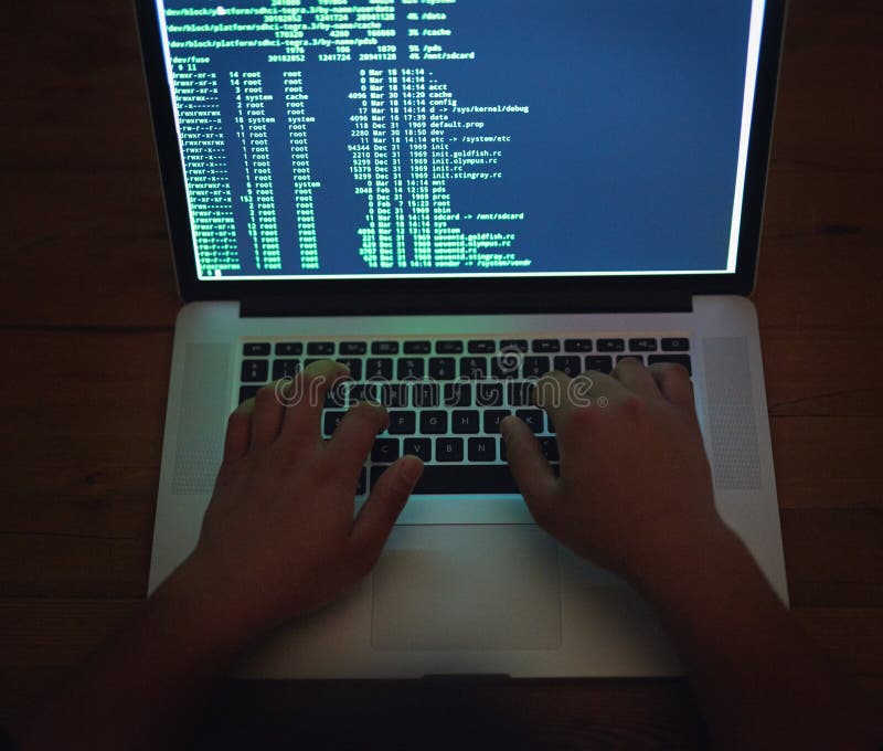 Coding, hands and hacker on laptop at night as malware thief for hacking database software, hardware virus or firewall royalty free stock image