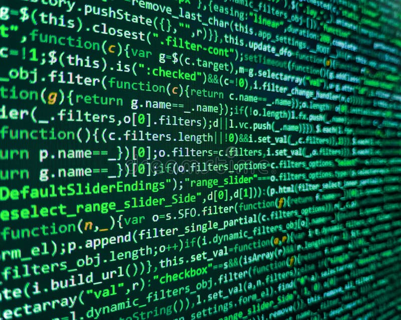 IT coding on monitor screen. Software engineer at work. Web abstract programming and created virus on laptop screen. WWW software development. Modern web network and internet telecommunication technology