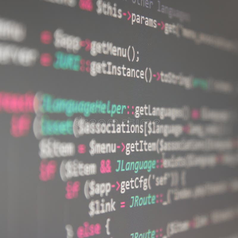 Program code on monitor screen - selective focus. Source code script stock images, royalty-free photos and pictures