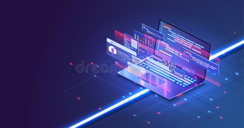 Coding and programming app in laptop for Web developer concept based isometric design. Web Development concept royalty free illustration