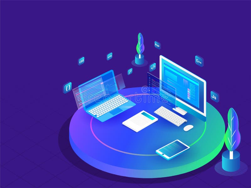 Coding And Programming Concept, Isometric Illustration Of Desktop And Laptop With Different Programing Languages Or Work Place Stock Illustration - Illustration of search, computer: 123959896