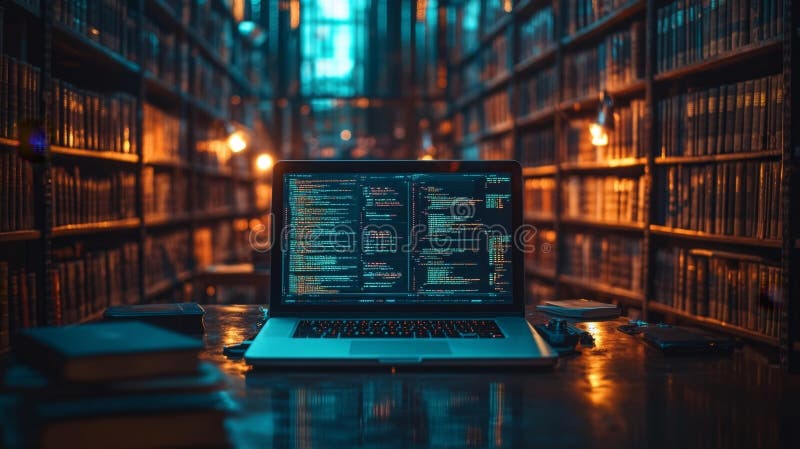 Coding Screen Glow in Dimly Lit Library vector illustration