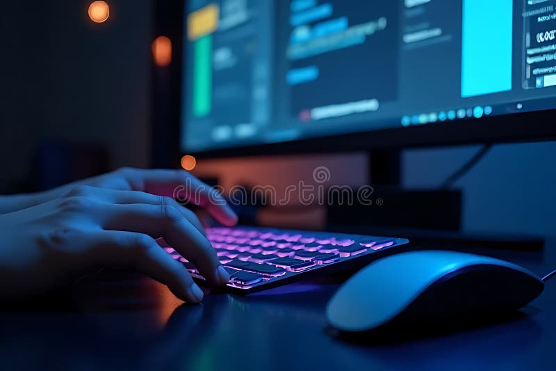 Coding session at home computer programming technology digital workspace nighttime close-up vector illustration