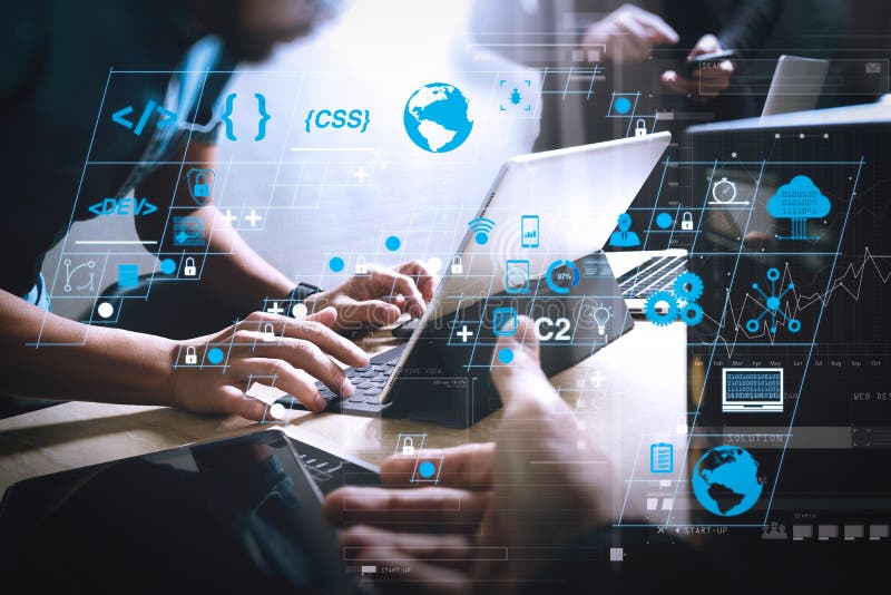 StartUp Programming Team. Website designer working digital table royalty free illustration