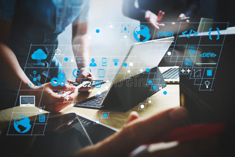 StartUp Programming Team. Website designer working digital table royalty free illustration