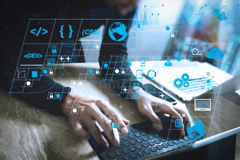 Coding software developer work with AR new design dashboard computer icons of scrum agile development and code fork and versioning with responsive cybersecurity. Website designer working digital tablet keyboard. Coding program data stock images, royalty-free photos and pictures