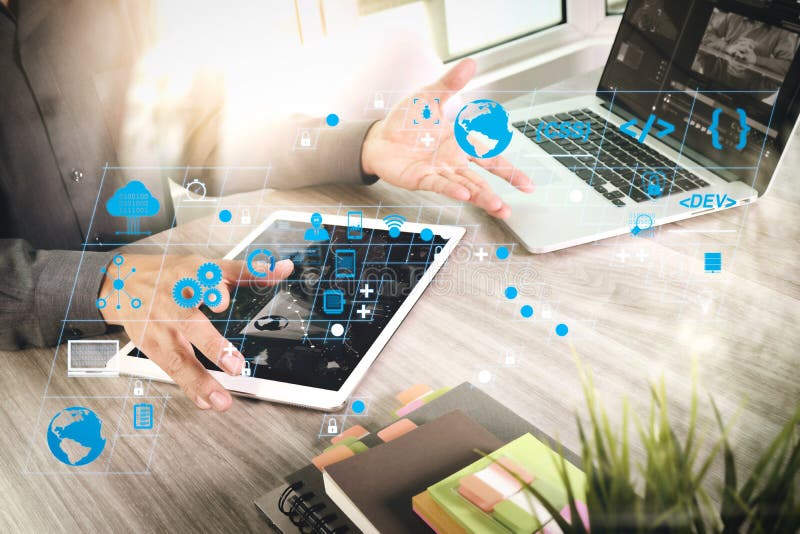 Coding software developer work with AR new design dashboard computer icons of scrum agile development and code fork and versioning with responsive cybersecurity. Businessman hand attending video conference. Coding program data stock images, royalty-free photos and pictures