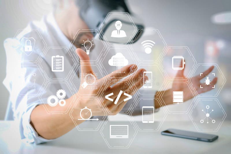 Coding software developer work with augmented reality dashboard computer icons of scrum agile development and code fork and versioning with responsive cybersecurity. businessman wearing virtual reality goggles. Coding program data stock images, royalty-free photos and pictures