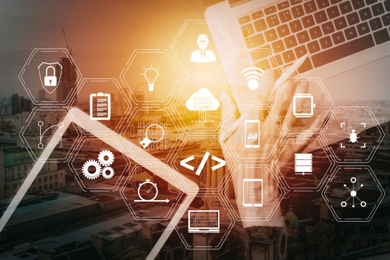 Coding software developer work with augmented reality dashboard computer icons of scrum agile development and code fork and versioning with responsive cybersecurity. Businessman hand working with laptop computer. Coding program data stock images, royalty-free photos and pictures