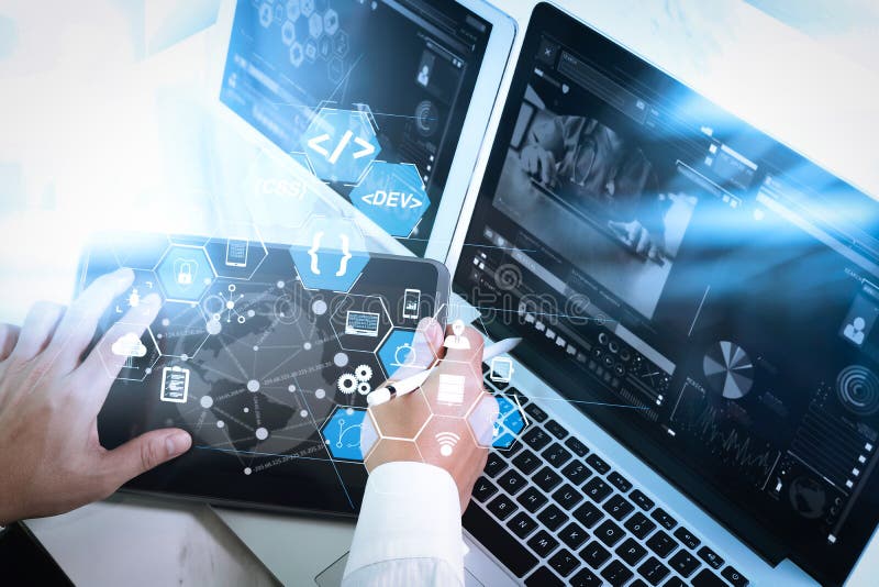 Medical network technology concept. Doctor hand working with ste stock photography