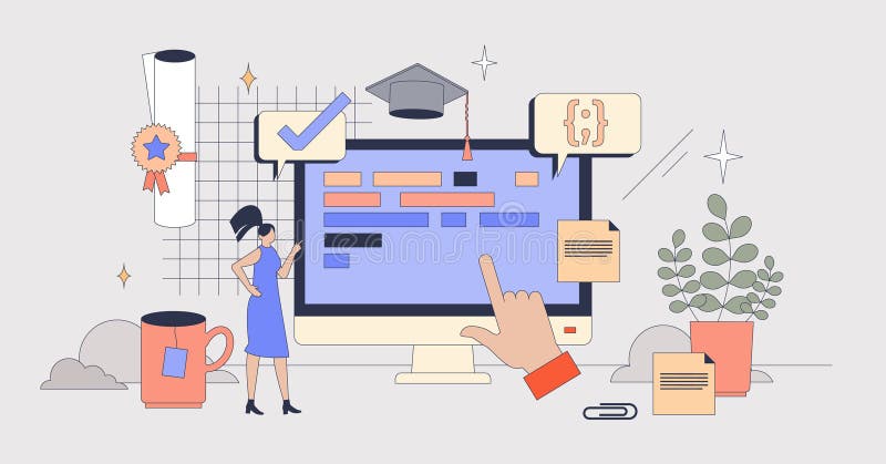 Coding tutor and website programming study tiny person neubrutalism concept royalty free illustration