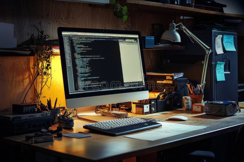 Coding Workspace with Computer Setup, Tools, and Warm Light in a ...