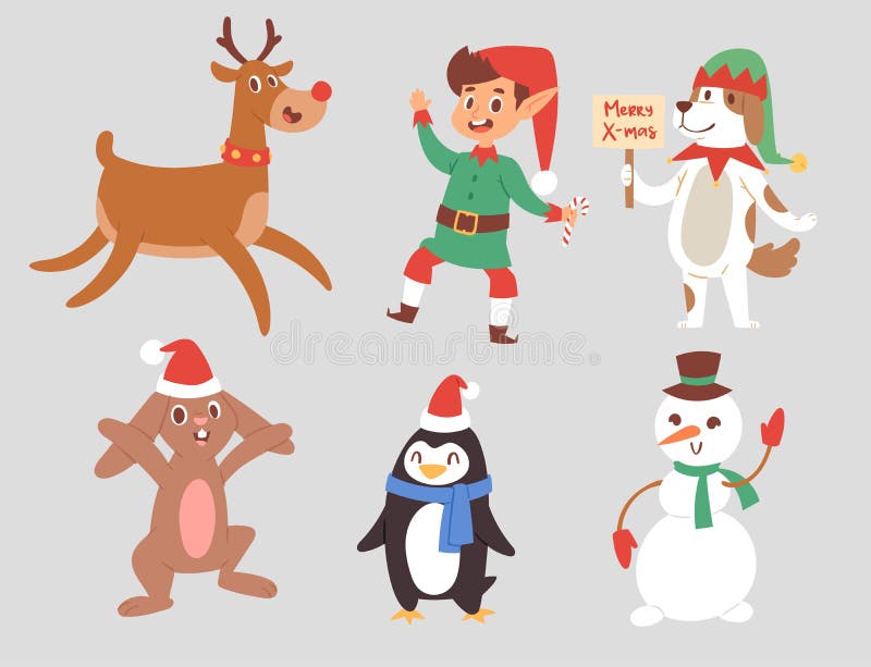Coelho bonito da rena, do Xmas dos desenhos animados dos caráteres do vetor do Natal, de cão de Santa símbolo do ano novo, menino ilustração stock Coelho bonito da rena, do Xmas dos desenhos animados dos caráteres do vetor do Natal, de cão de Santa símbolo do ano novo, menino ilustração stock