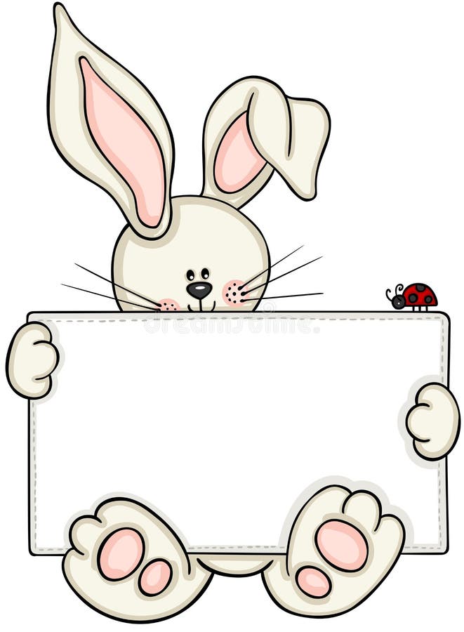 Coelho bonito que guarda a etiqueta vazia com joaninha pequeno ilustração stock Coelho bonito que guarda a etiqueta vazia com joaninha pequeno ilustração stock