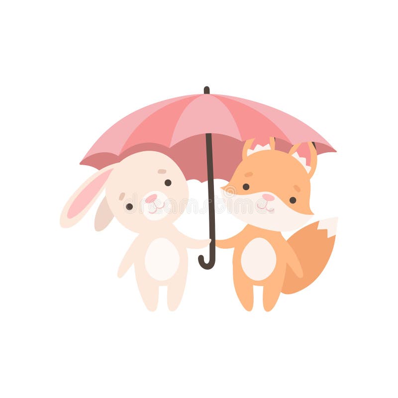 Coelho pequeno branco bonito e posição do Fox Cub sob o guarda-chuva, melhores amigos bonitos, o coelho adorável e os desenhos an ilustração stock Coelho pequeno branco bonito e posição do Fox Cub sob o guarda-chuva, melhores amigos bonitos, o coelho adorável e os desenhos an ilustração stock