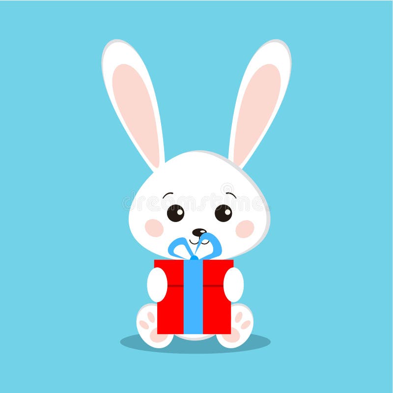 Coelhos de coelho brancos bonitos e doces isolados na pose de assento com presente ilustração royalty free Coelhos de coelho brancos bonitos e doces isolados na pose de assento com presente ilustração royalty free