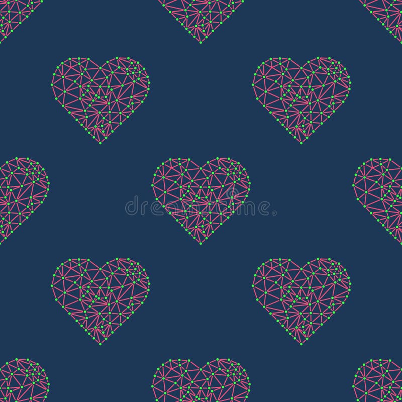 Heart with connected lines and dots. Wireframe mesh polygonal element. Valentines day Seamless Pattern. Vector illustration. Heart with connected lines and dots. Wireframe mesh polygonal element. Valentines day Seamless Pattern. Vector illustration