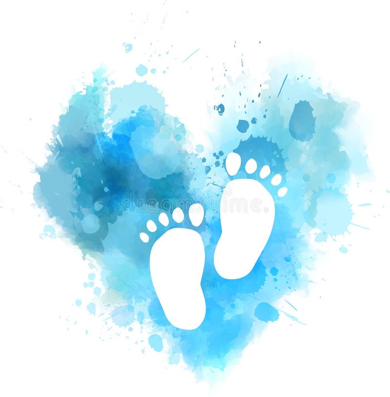 Coeur bleu d'aquarelle avec des empreintes de pas de bébé
