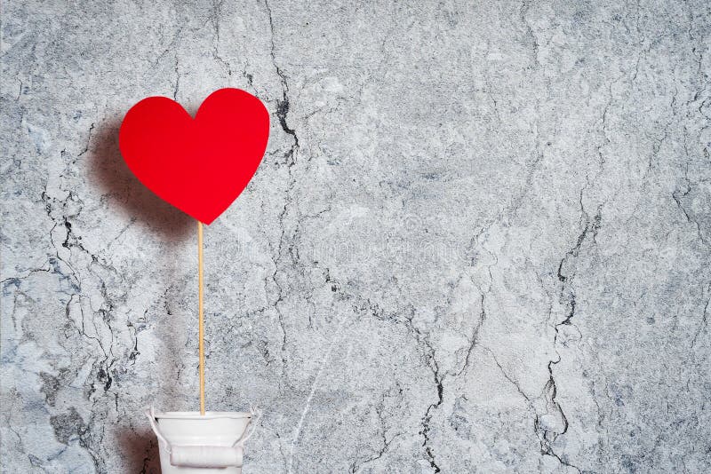Coeur de papier rouge sur un bâton dans un seau blanc contre un mur gris Copiez l'espace Fond heureux de valentine images libres de droits Coeur de papier rouge sur un bâton dans un seau blanc contre un mur gris Copiez l'espace Fond heureux de valentine images libres de droits
