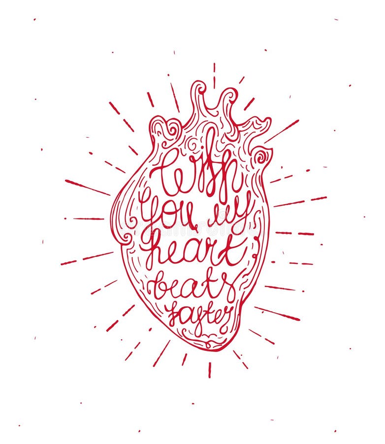 Coeur de vintage avec le texte écrit de rayon de soleil et de main - avec vous mes battements de coeur plus rapidement Valentine& illustration de vecteur Coeur de vintage avec le texte écrit de rayon de soleil et de main - avec vous mes battements de coeur plus rapidement Valentine& illustration de vecteur