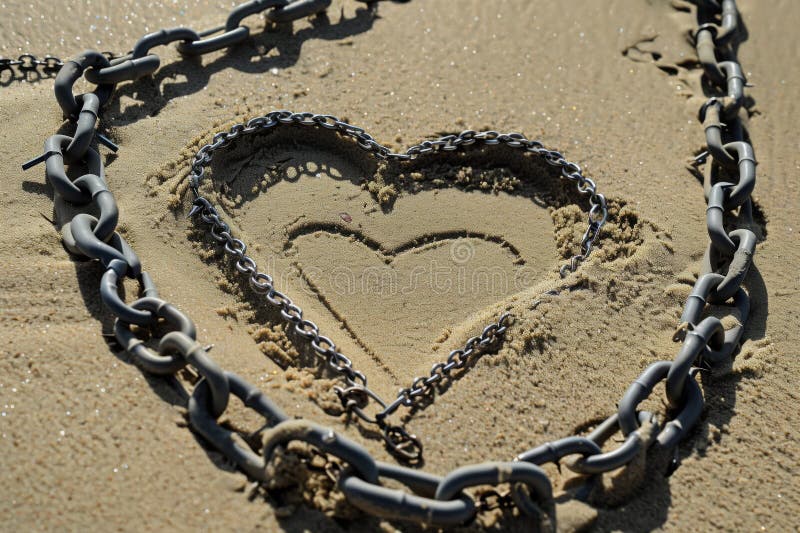 heart drawn in sand, with actual chains surrounding it, created with generative ai AI generated. heart drawn in sand, with actual chains surrounding it, created with generative ai AI generated