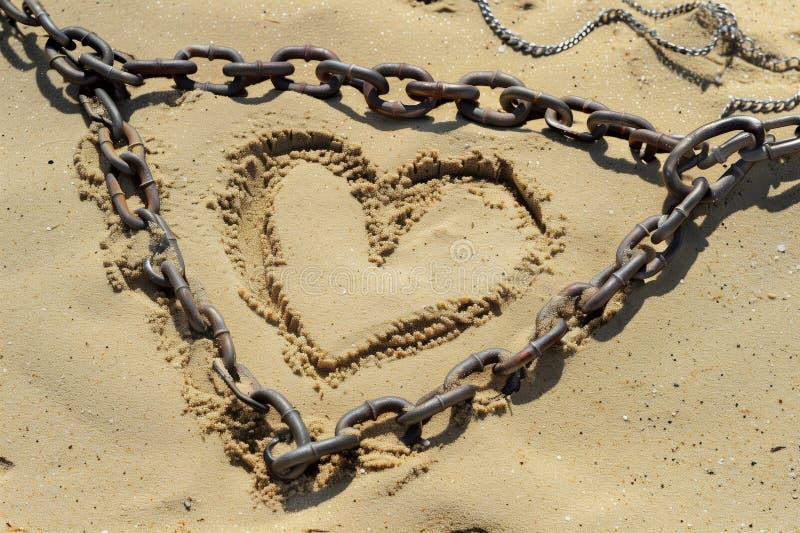 heart drawn in sand, with actual chains surrounding it, created with generative ai AI generated. heart drawn in sand, with actual chains surrounding it, created with generative ai AI generated