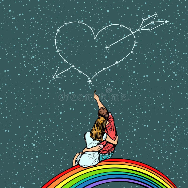 Coeur percé par une flèche au-dessus d'un couple dans l'amour illustration libre de droits Coeur percé par une flèche au-dessus d'un couple dans l'amour illustration libre de droits