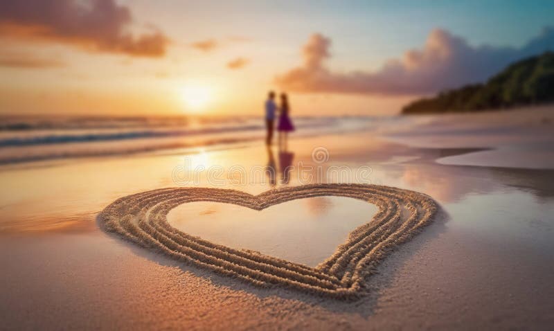 Heart drawn in the sand on a tropical beach and silhouette of a couple meets the dawn together at the sea. Love and romance concept, Valentines day background. Generative Ai Art. Heart drawn in the sand on a tropical beach and silhouette of a couple meets the dawn together at the sea. Love and romance concept, Valentines day background. Generative Ai Art